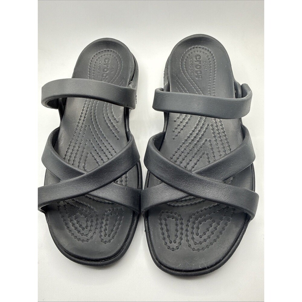 Crocs Dual Comfort Women's Meleen Crossband Black Strappy Sandals EUC Size 8
